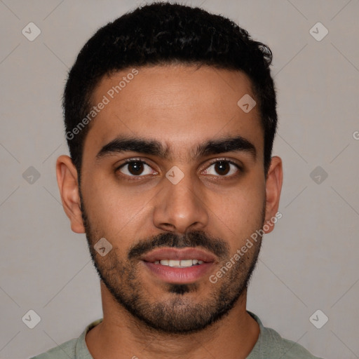 Neutral latino young-adult male with short  black hair and brown eyes