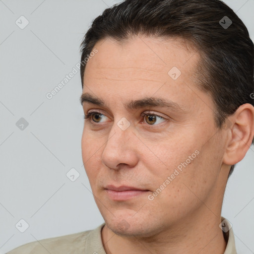 Neutral white adult male with short  brown hair and brown eyes