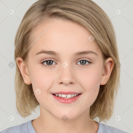 Joyful white child female with medium  brown hair and brown eyes