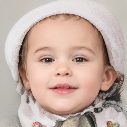 Joyful white child female with medium  brown hair and blue eyes