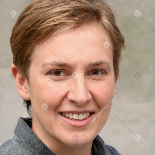 Joyful white adult female with short  brown hair and grey eyes