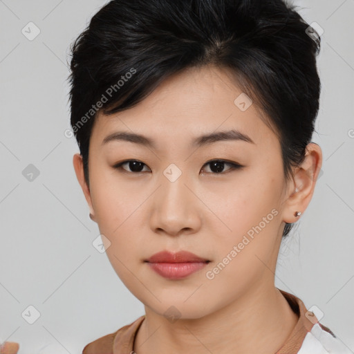 Neutral asian young-adult female with short  brown hair and brown eyes