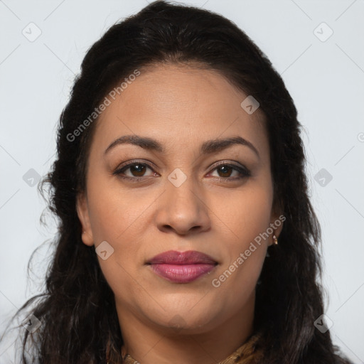 Joyful latino young-adult female with long  brown hair and brown eyes