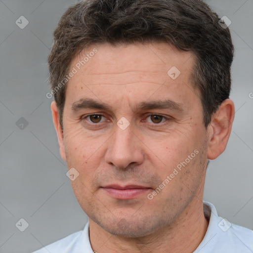 Neutral white adult male with short  brown hair and brown eyes