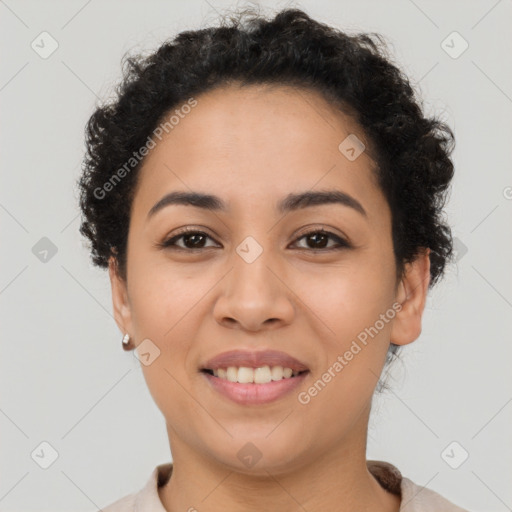 Joyful latino young-adult female with short  brown hair and brown eyes