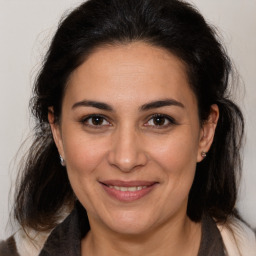 Joyful white adult female with medium  brown hair and brown eyes