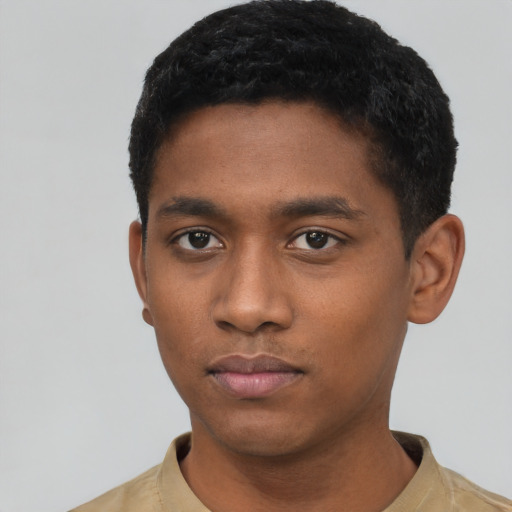Neutral black young-adult male with short  black hair and brown eyes