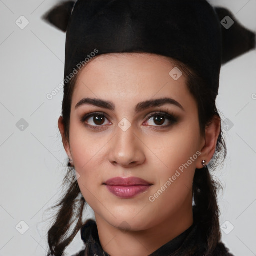 Neutral white young-adult female with medium  black hair and brown eyes