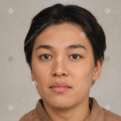 Neutral asian young-adult female with short  black hair and brown eyes