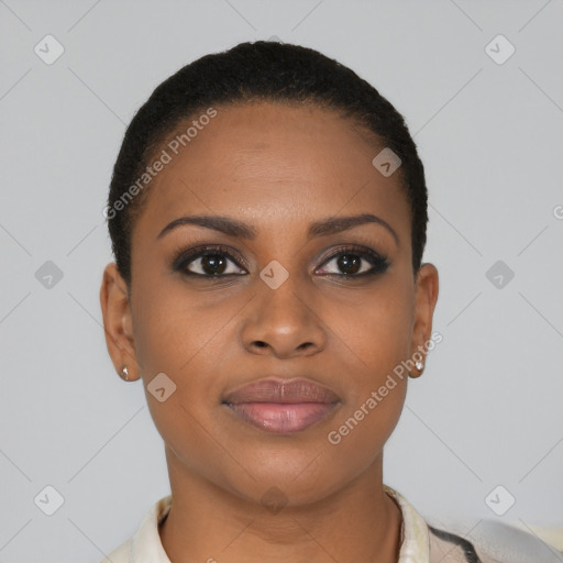 Joyful black young-adult female with short  brown hair and brown eyes