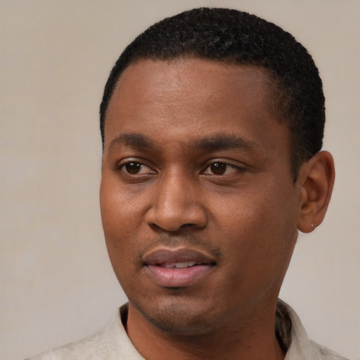 Joyful black young-adult male with short  black hair and brown eyes