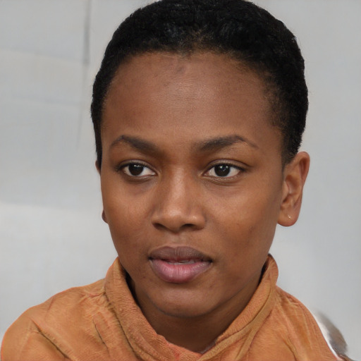 Neutral black young-adult female with short  black hair and brown eyes