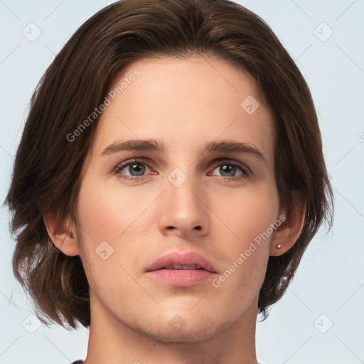 Neutral white young-adult female with medium  brown hair and brown eyes