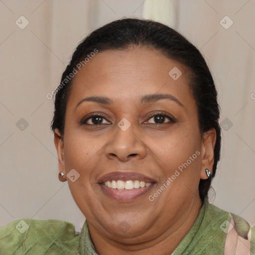 Joyful asian adult female with medium  brown hair and brown eyes