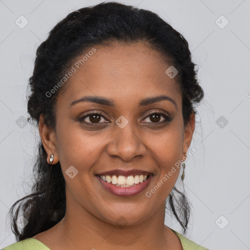 Joyful black young-adult female with medium  brown hair and brown eyes