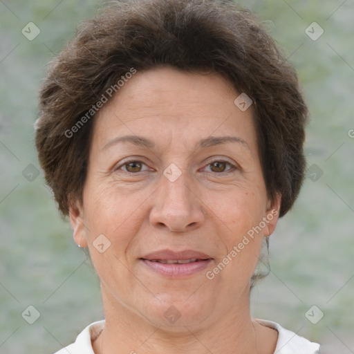 Joyful white adult female with short  brown hair and brown eyes