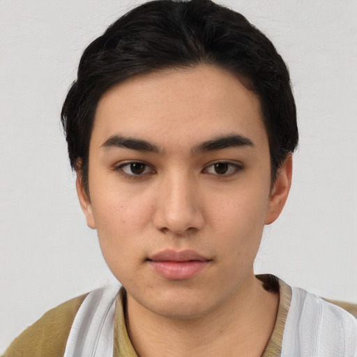 Neutral white young-adult female with short  brown hair and brown eyes