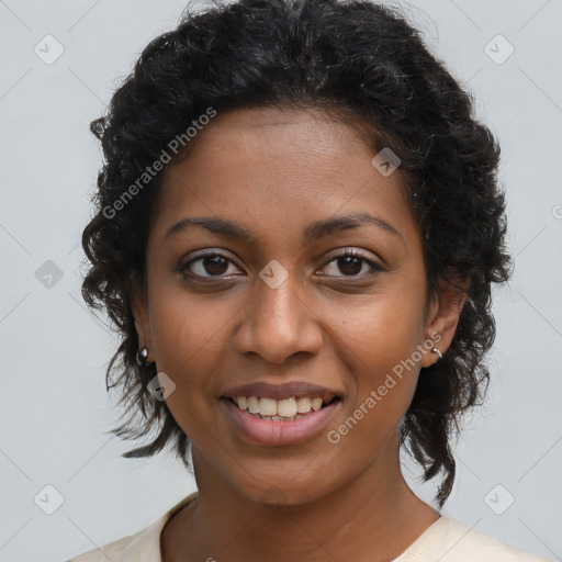 Joyful black young-adult female with medium  brown hair and brown eyes