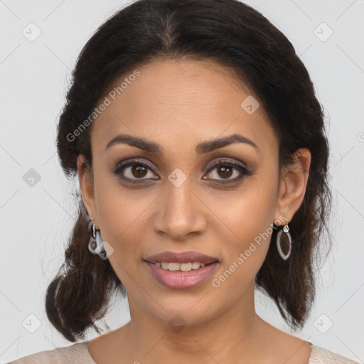 Joyful latino young-adult female with medium  brown hair and brown eyes