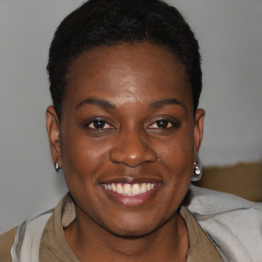 Joyful black young-adult female with short  brown hair and brown eyes