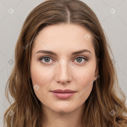 Joyful white young-adult female with long  brown hair and green eyes