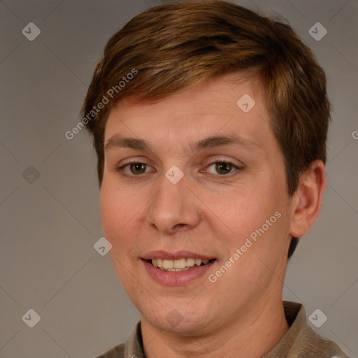 Joyful white adult female with short  brown hair and brown eyes