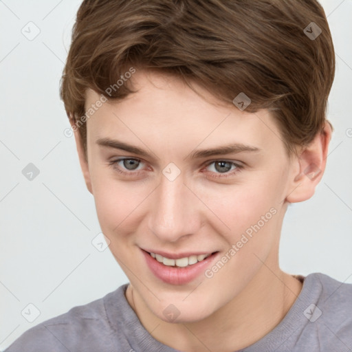 Joyful white young-adult female with short  brown hair and grey eyes