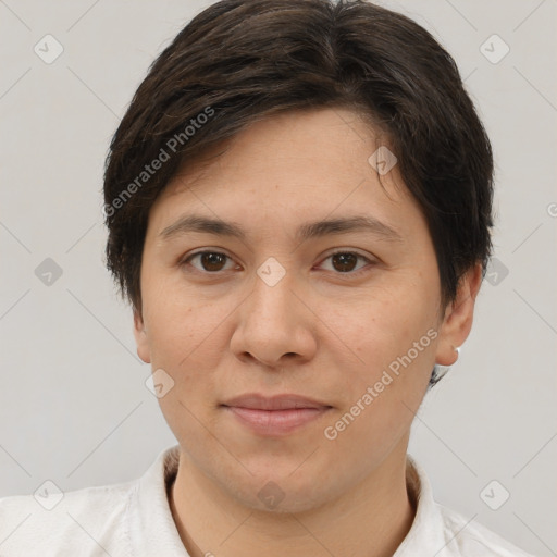 Joyful white young-adult female with short  brown hair and brown eyes