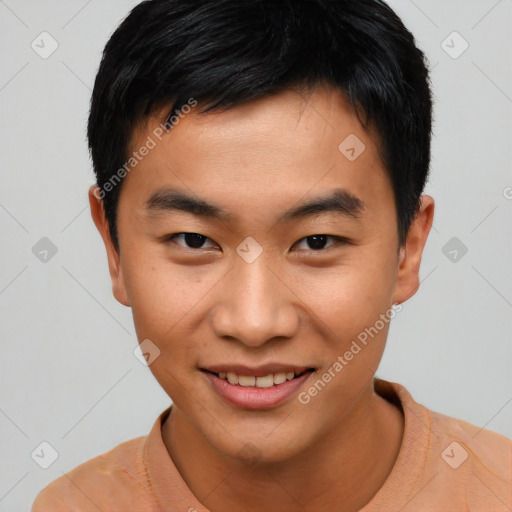 Joyful asian young-adult male with short  black hair and brown eyes