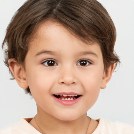 Joyful white child female with short  brown hair and brown eyes