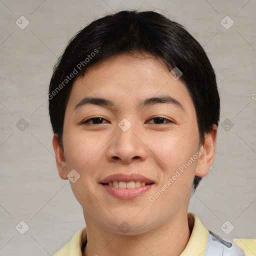 Joyful asian young-adult female with short  brown hair and brown eyes