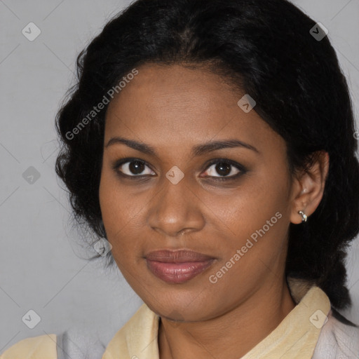 Joyful black young-adult female with medium  black hair and brown eyes