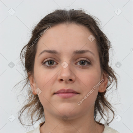 Neutral white young-adult female with medium  brown hair and brown eyes