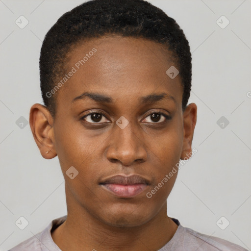 Neutral black young-adult female with short  brown hair and brown eyes