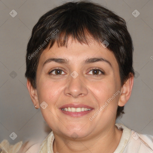 Joyful white adult female with medium  brown hair and brown eyes