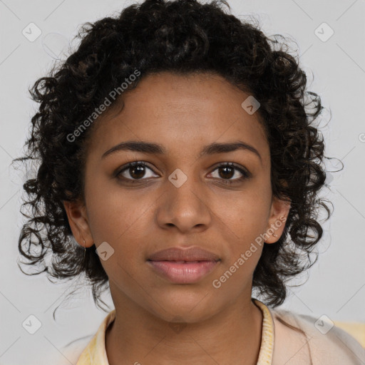 Neutral black young-adult female with medium  brown hair and brown eyes