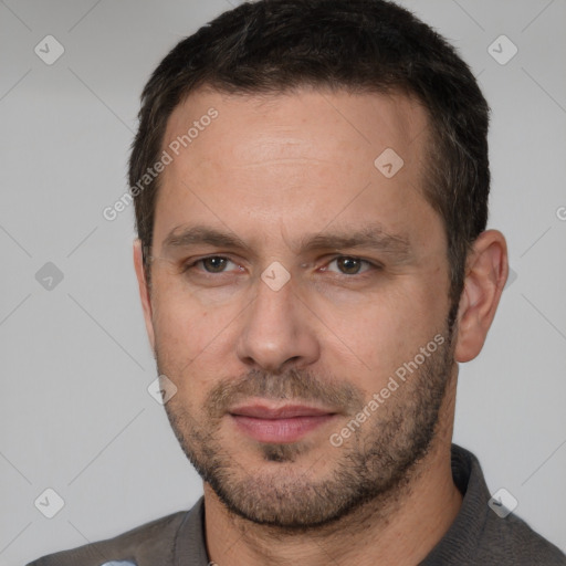 Neutral white adult male with short  brown hair and brown eyes