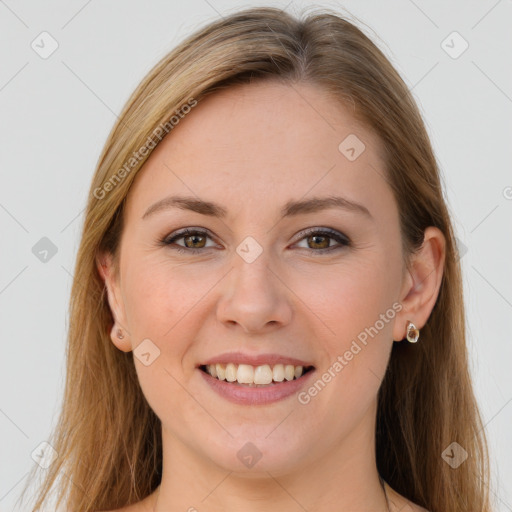 Joyful white young-adult female with long  brown hair and grey eyes