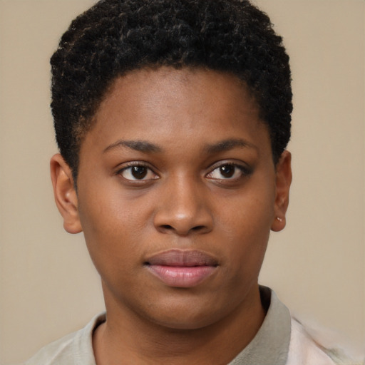 Neutral black young-adult female with short  brown hair and brown eyes