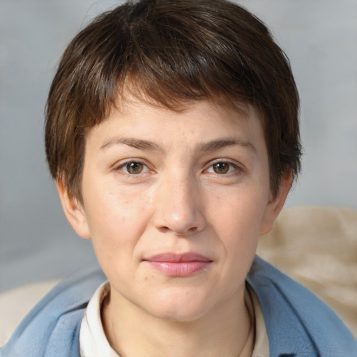 Neutral white young-adult female with short  brown hair and brown eyes
