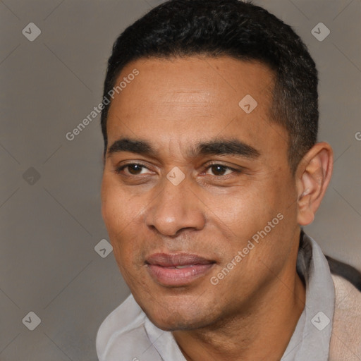 Joyful latino young-adult male with short  black hair and brown eyes