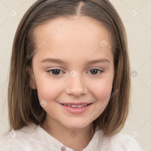 Joyful white child female with medium  brown hair and brown eyes