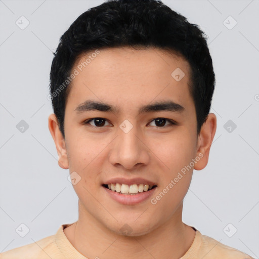 Joyful white young-adult male with short  black hair and brown eyes