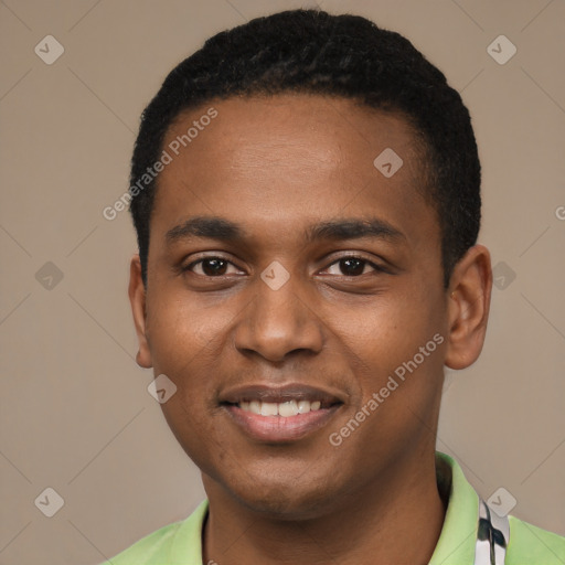 Joyful black young-adult male with short  black hair and brown eyes