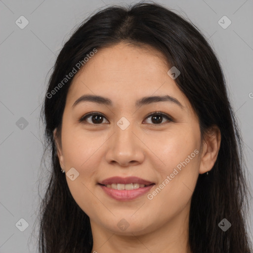 Joyful white young-adult female with long  brown hair and brown eyes