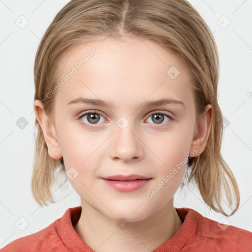 Joyful white child female with medium  brown hair and grey eyes