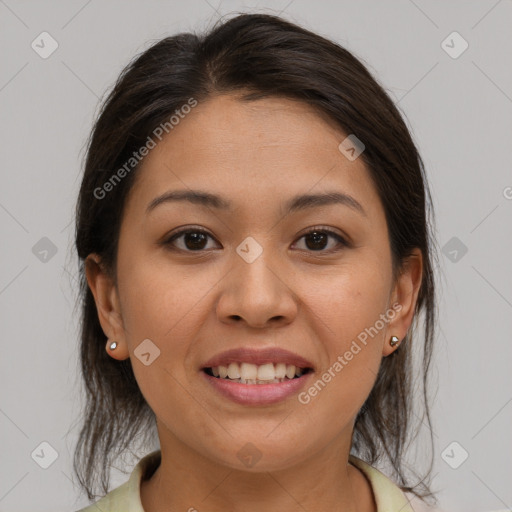 Joyful asian young-adult female with medium  brown hair and brown eyes