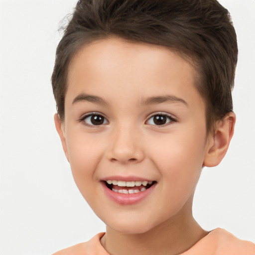 Joyful white child female with short  brown hair and brown eyes