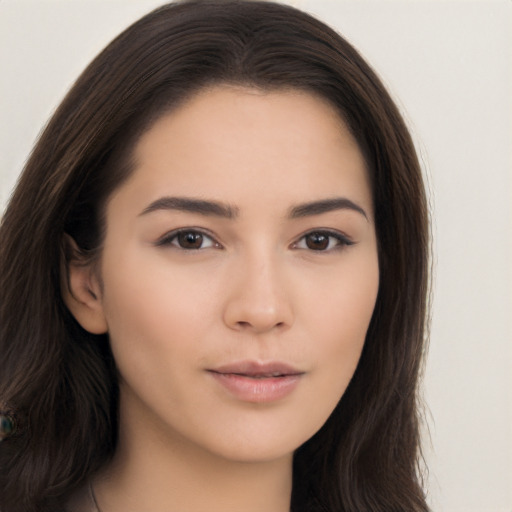 Neutral asian young-adult female with long  brown hair and brown eyes
