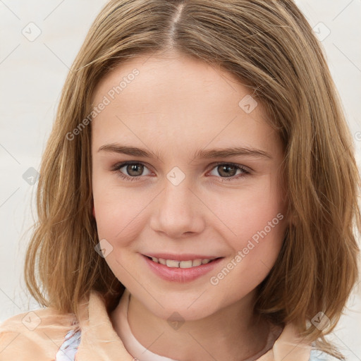 Joyful white child female with medium  brown hair and brown eyes